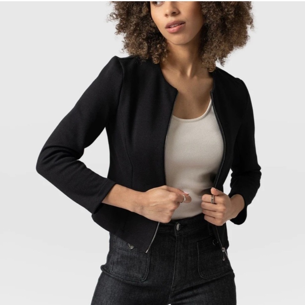 Saint + Sofia Florence Black Jersey Zip Front Fitted Blazer Jacket Size 10